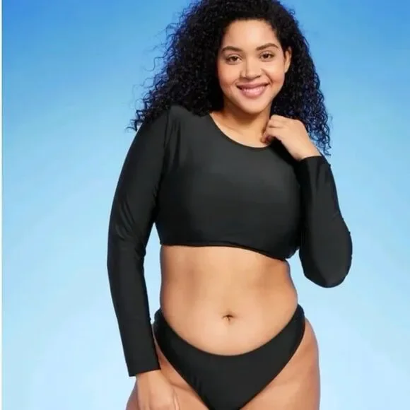 Wild Fable Black Lace-Up Back Long Sleeve Cropped Swim Rash Guard Large NWT - Picture 2 of 7